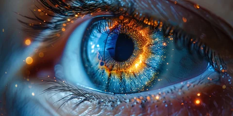 Foto op Aluminium The human eye closely with virtual hologram elements for video surveillance and digital identification or for vision correction by Las © JVLMediaUHD