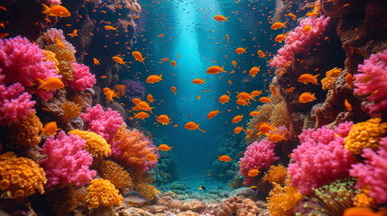 An amazing frame with a coral reef, where contrasting colors and forms of fish and algae create an impressive and incredibly colorful sea wor