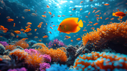 Obraz na płótnie Canvas An amazing frame with a coral reef, where contrasting colors and forms of fish and algae create an impressive and incredibly colorful sea wo