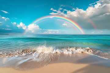 Tropical beach rainbow in sky with blue ocean, waves and sandy beach. The concept of mindfulness, inner peace and happiness. 