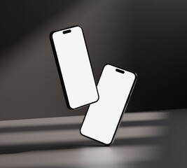 Realistic Phone Mockup white blank screen with realistic light and shadow overlay on concrete dark scene 3D illustration Realistic rendering.