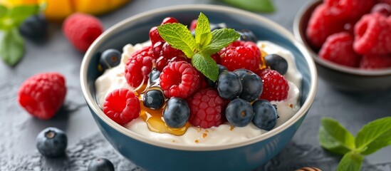Yoghurt with fruit and honey in a bowl.