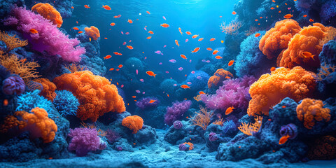 A composition with beautiful corals surrounded by groups of floating fish and delicate seaweed, creating an atmosphere of an underwater paradise gard - obrazy, fototapety, plakaty