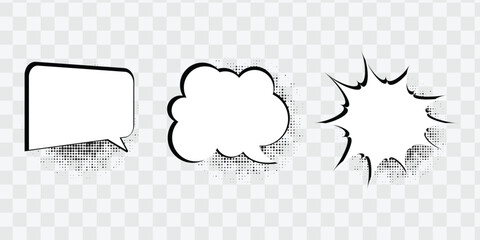 Retro empty comic speech bubbles set with black halftone shadows