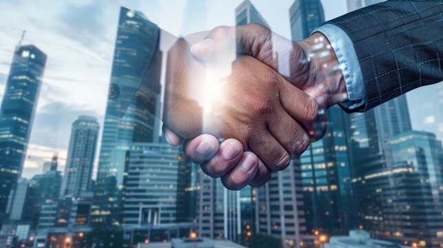 Successful business deal portrayed through double exposure image of businesspeople shaking hands against city office building backdrop