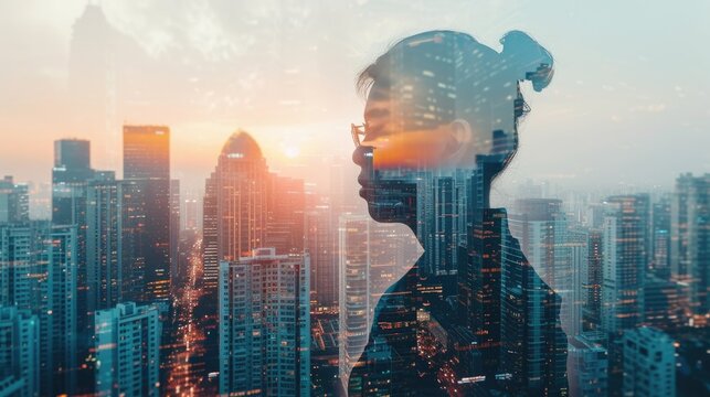 Business person silhouette overlaid on modern cityscape in a double exposure image.