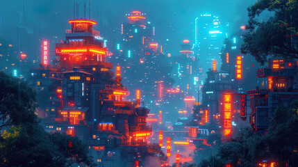 Elements of gaming design in the style of cyberpank, with high tech cities, bright neon lights and daring characte