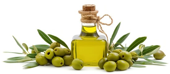 Fresh green olives with leaves and olive oil in a glass bottle on white background. AI generated - obrazy, fototapety, plakaty