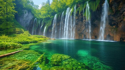 Fototapeta na wymiar Stunning Plitvice Lakes National Park features an enchanting combination of waterfalls and picturesque lakes