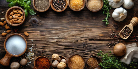 The background for a culinary blog with warm shades of wood, on which kitchen belongings and fresh products are place