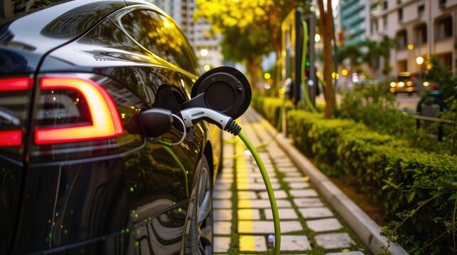 Green energy and sustainable power are used to operate an EV charging station, helping to decrease CO2 emissions.