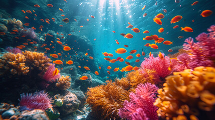 Fototapeta na wymiar The underwater world with colorful coral formations, lively bright fish and seaweed, creating a picturesque underwater t