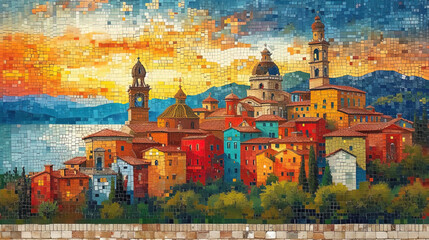 Travelent background with the effect of mosaics, including images of different places, local details and traditional element