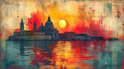Travelent background with the effect of mosaics, including images of different places, local details and traditional eleme - obrazy, fototapety, plakaty
