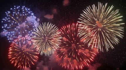 2024 New Year celebrated with fireworks bursting in the night sky.