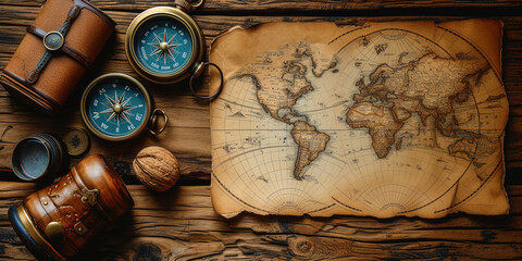 Fototapeta na wymiar Traveler background with a variety of geographical elements, such as cards, compasses and vintage phot