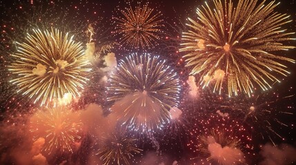 2024 New Year celebrated with fireworks bursting in the night sky.