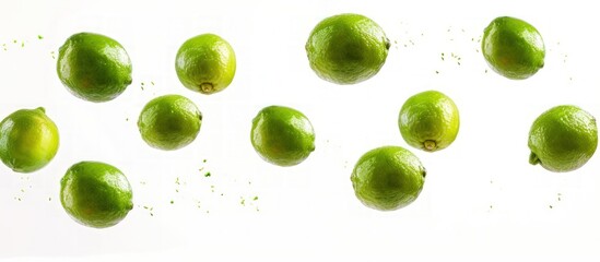 Group flying fresh green lime fruits isolated on white background. AI generated image - obrazy, fototapety, plakaty