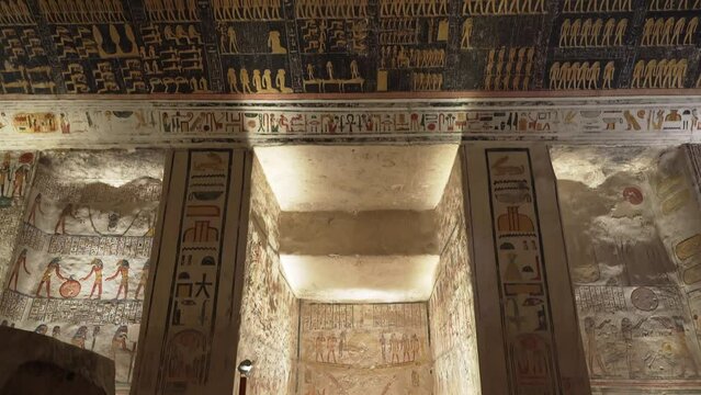 Burial chamber, decorated with the book of earth, inside the famous Ramsses V and VI tomb, named KV9, in the valley of Kings in Luxor in Egypt. 