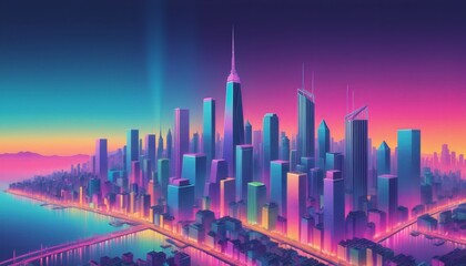 Isometric and color illustration of a big city with skyscrapers and in the style of the eighties