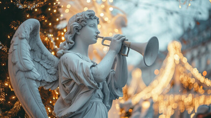 A serene angel blowing a horn to announce the start of a holiday parade.