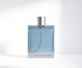Blank transparent perfume bottle on isolated white background, 3D illustration.