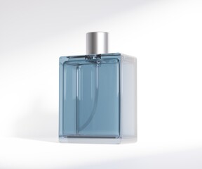 Blank transparent perfume bottle on isolated white background, 3D illustration.
