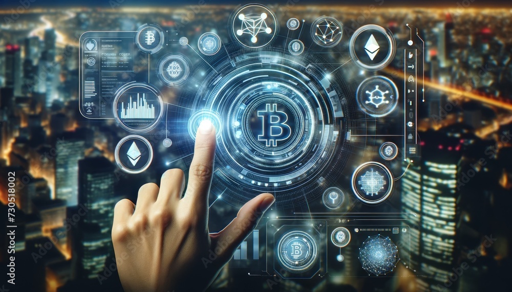 Poster a hand interacting with a futuristic holographic display showing various cryptocurrency