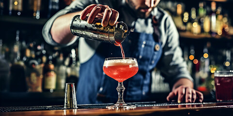 A bustling bar alive with chatter and the mix of ingredients for a classic, well-balanced cocktail, swirling together in a shimmering glass