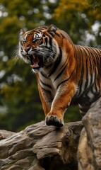 Obraz premium A tiger on a rock growling and angry with sharp fangs ready for combat. Tiger echoing strength and authority in the jungle in essence fierce and indomitable.