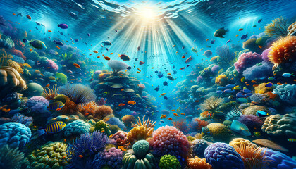 Obraz premium Panoramic underwater seascape of a vibrant coral reef bustling with colorful tropical fish, bathed in sunlight filtering through the ocean surface. 