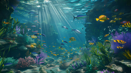 Fototapeta na wymiar Panoramic underwater seascape of a vibrant coral reef bustling with colorful tropical fish, bathed in sunlight filtering through the ocean surface. 