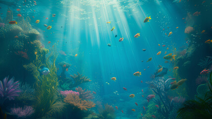 Fototapeta na wymiar Panoramic underwater seascape of a vibrant coral reef bustling with colorful tropical fish, bathed in sunlight filtering through the ocean surface. 