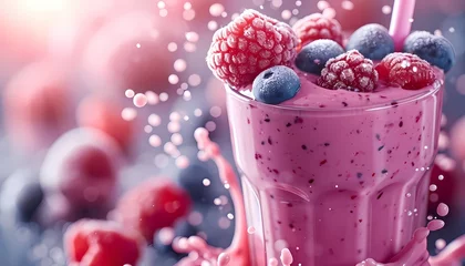 Poster fresh mixed berries smoothies frappe with juice splash and swirling wave effect, For drink menu, drink poster, Cafe product menu © Wipada