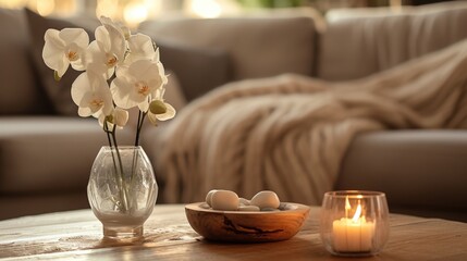Inviting Living Room Decor: Orchids, Stones, and Candle Ambiance Indoor setting, white orchids in glass vase, wooden coffee table, decorative bowl with stones, lit candle, cozy couch
