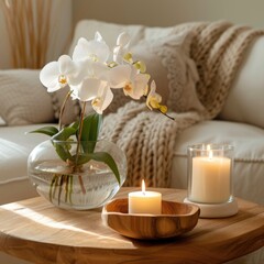 Fototapeta na wymiar Tranquil Home Vignette: White Orchids and Candle on Wooden Tray