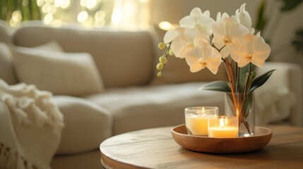Cozy Elegance: Serene Living Room Decor with Orchids and Candlelight