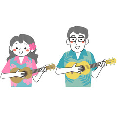 アロハシャツを着てウクレレを弾くシニア女性とシニア男性 © marunouchi