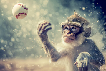 Little monkey plays baseball in park