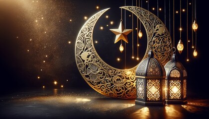 Ramadan celebration decoration with decorated candles, golden crescent moon, lanterns hanging on dark background