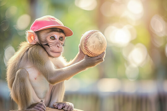 Little monkey plays baseball in park