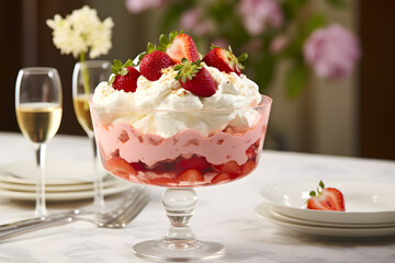 Tempting Eton Mess Dessert with Juicy Strawberries, Whipped Cream, and Crushed Meringue Displayed in a Glass Dish