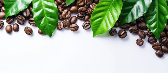 Fresh brown roasted coffee beans and leaves copy space isolated on white background. AI generated - obrazy, fototapety, plakaty