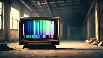 Old vintage television with static, distortion and glitches in the screen in an empty abandoned warehouse. Seamless looping video animation. - Powered by Adobe