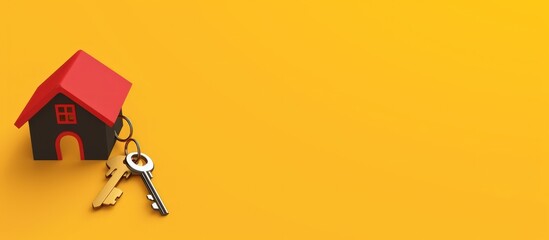 Rendering 3d illustration House keys with house shaped on yellow background. AI generated image