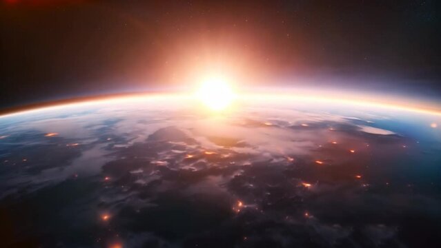A breathtaking view of Earth from space, showcasing a radiant sunrise illuminating the planet’s surface, highlighting city lights and clouds.