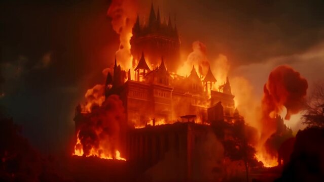 Medieval castle on fire at night, consumed by flames and surrounded by smoke in the turrets. History and wars in ancient times