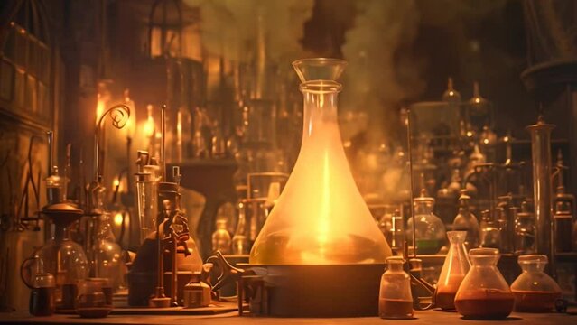 A mystical alchemy lab with glowing potions, vintage scientific equipment, and a magical atmosphere illuminated by the soft, golden light