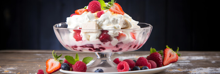 Tempting Eton Mess Dessert with Juicy Strawberries, Whipped Cream, and Crushed Meringue Displayed in a Glass Dish