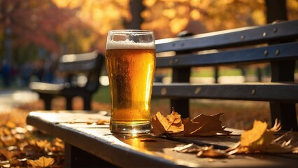On a bench in the autumn park, a glass of beer reflects the changing colors of the season